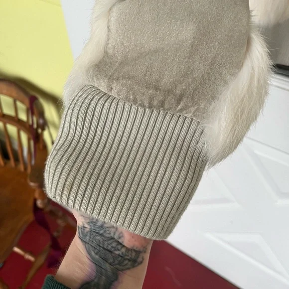 Mixit Vintage sz L cream/ taupe Y2K Real Rabbit Fur & Leather Bomber Jacket - Picture 7 of 15